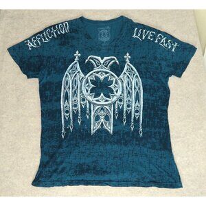 Vintage Y2K Affliction Cathedral Series T-Shirt Blue Live Fast V-Neck Men's 3XL